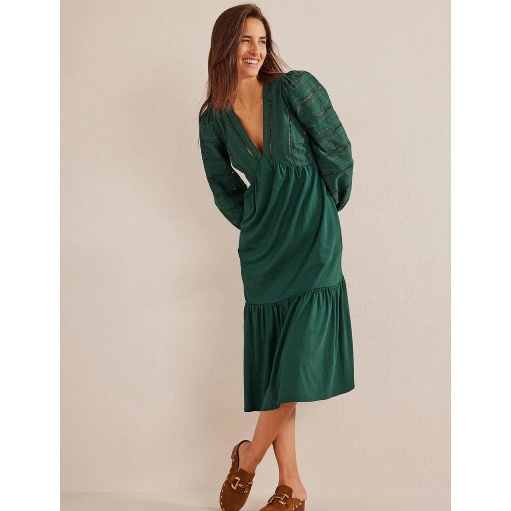 Boden Forest Green Woven Mix Midi Jersey Dress D0492 Size 4P Boho Prairie NWT
